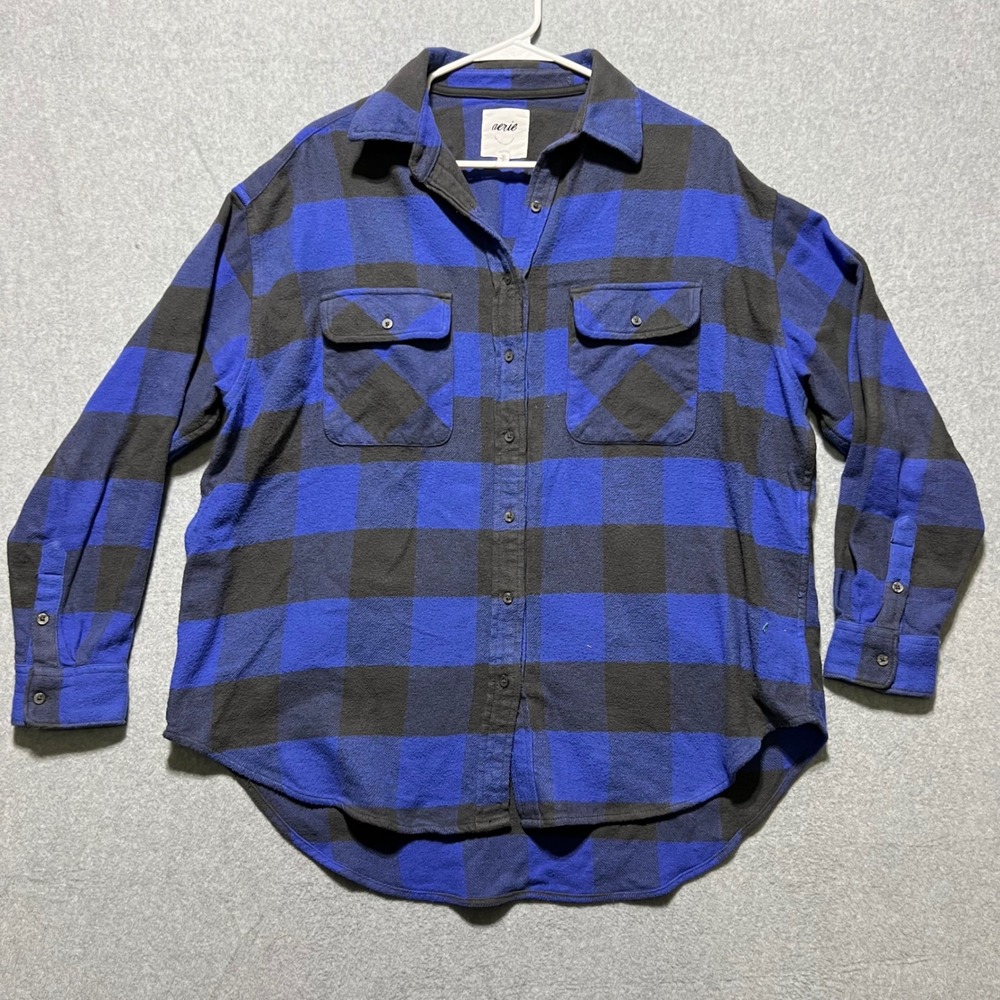 Aerie Plaid Flannel Shirt Womens Blue Button Up Oversized Cozy Long Sleeve Small